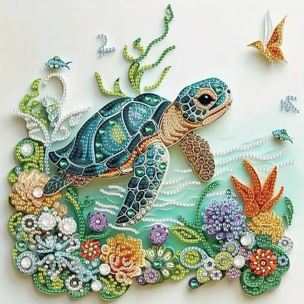 Resin Art With Flowers - Deniz Kaplumbağası Hayvan Figürlü Elmas Boyama