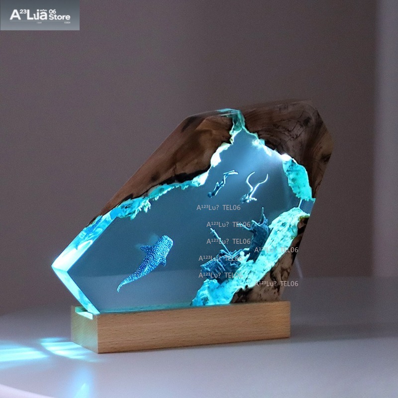 Resin Art Light - Ahşap Reçine Gece Lambası Okyanus Sanatı