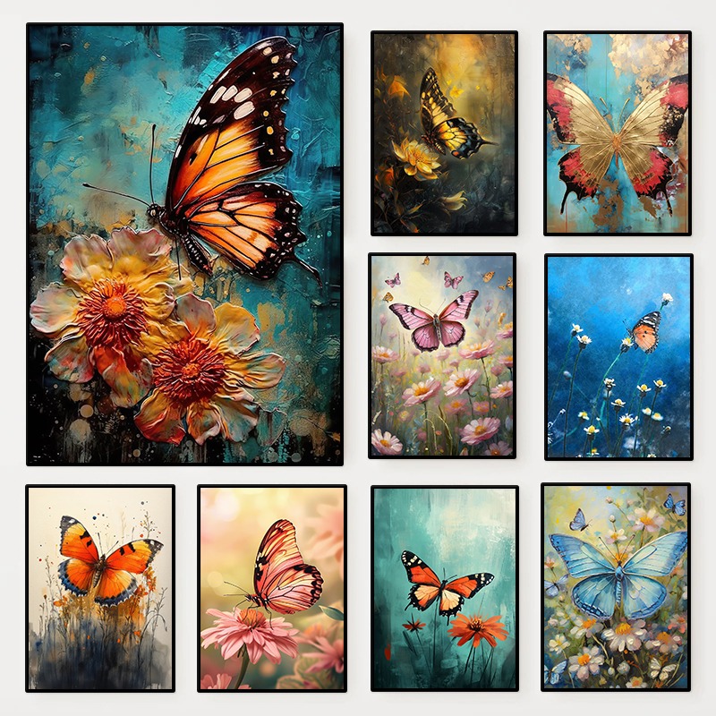 Resin Art With Flowers - Çiçekli Kelebek Posteri Renkli Böcek Çiçek